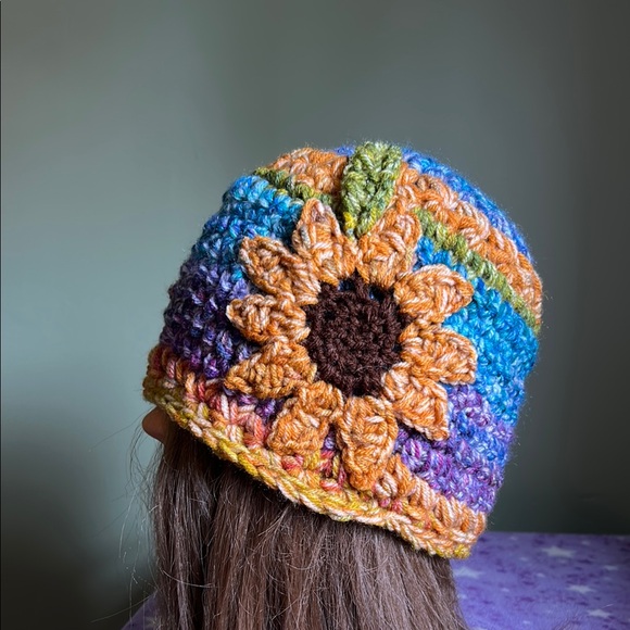 crochet hats Accessories - Colorful Crochet Sunflower Beanie medium soft double strings acrylic yarn new